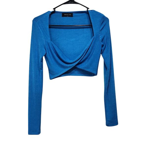 White Fox Front Twist Jersey Long Sleeve Crop Top Sweetheart Neck Blue Size XS - Picture 3 of 10